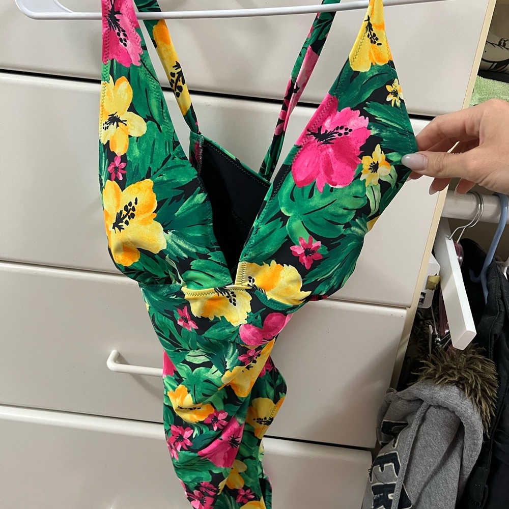Old Navy Green and Yellow One Piece Swimsuit Tropical Floral